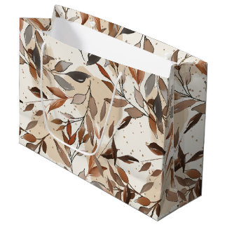 SHADES OF BROWN AND GRAY HAND DRAWN FALL LEAVES LARGE GIFT BAG