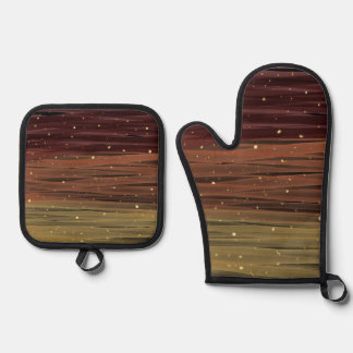SHADES OF BROWN & GOLD ABSTRACT STRIPES OVEN MITT & POT HOLDER SET