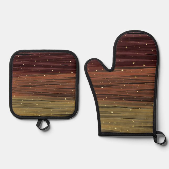 SHADES OF BROWN & GOLD ABSTRACT STRIPES OVEN MITT & POT HOLDER SET (Front)