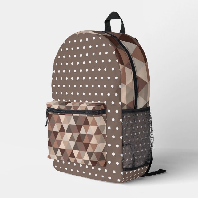 SHADES OF CHOCOLATE BROWN POLKA DOTS & TRIANGLES PRINTED BACKPACK (Back Corner Right)