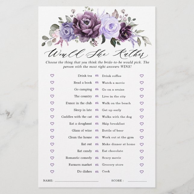 Shades of Dusty Purple Blooms Bridal Shower Game (Front)