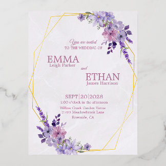 Shades of Dusty Purple Blooms Geometric Wedding Foil Invitation Postcard