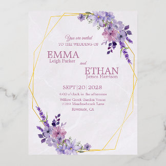 Shades of Dusty Purple Blooms Geometric Wedding Foil Invitation Postcard