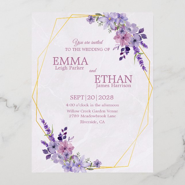 Shades of Dusty Purple Blooms Geometric Wedding  Foil Invitation Postcard (Front)