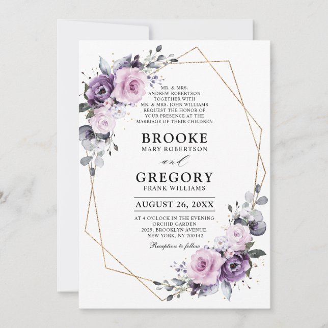 Shades of Dusty Purple Blooms Geometric Wedding Invitation (Front)