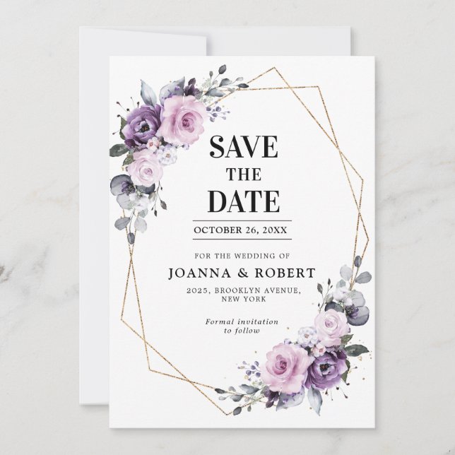 Shades of Dusty Purple Blooms Geometric Wedding Sa Save The Date (Front)