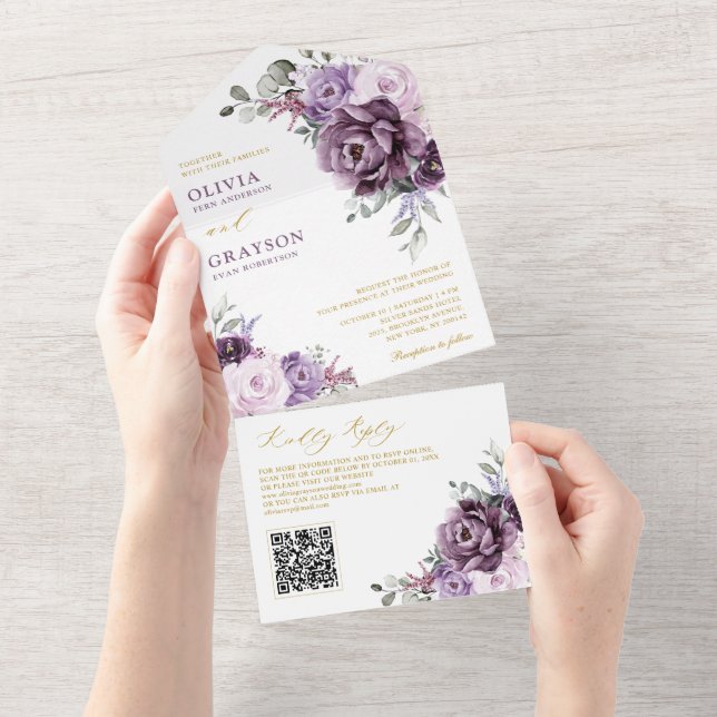 Shades of Dusty Purple Blooms Gold Floral Wedding All In One Invitation (Tearaway)