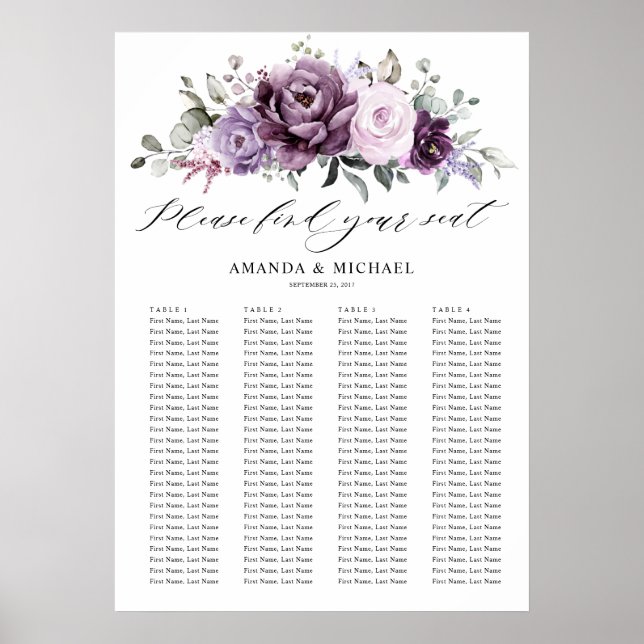 Shades of Dusty Purple Blooms Guest Seating Chart (Front)