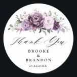 Shades of Dusty Purple Blooms Moody Floral Wedding Classic Round Sticker<br><div class="desc">Elegant and modern floral midsummer wedding thank you favour box label features a bouquet of watercolor roses peonies in shades of purple plum, dusty rose, dusty pink , mauve, sage with lush green botanical leaves and eucalyptus. Please find more matching designs and variations from my "blissweddingpaperie" store. And feel free...</div>