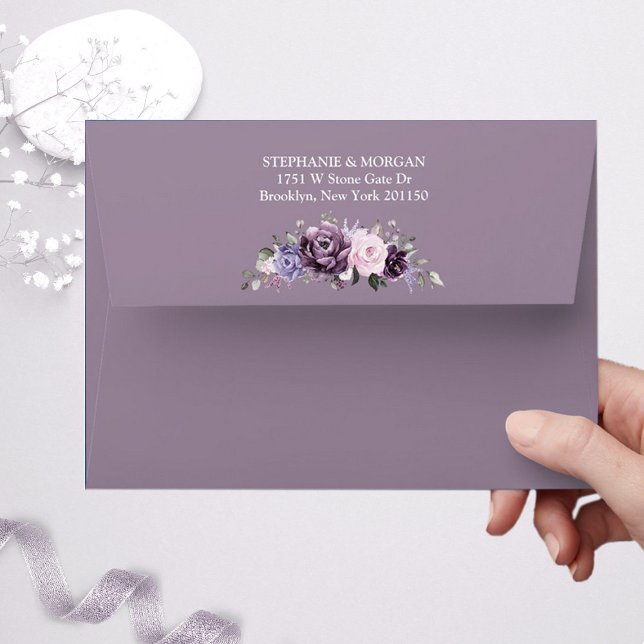 Shades of Dusty Purple Blooms Moody Floral Wedding Envelope (Purple lavender return address envelope)