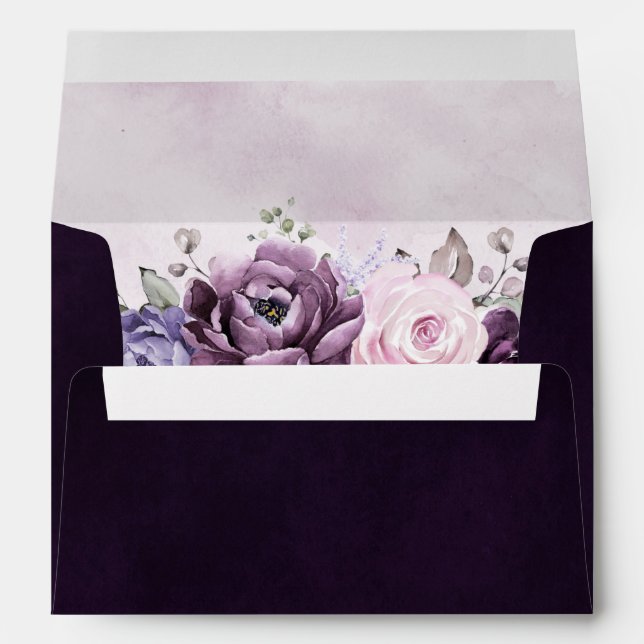 Shades of Dusty Purple Blooms Moody Floral Wedding Envelope (Back (Bottom))
