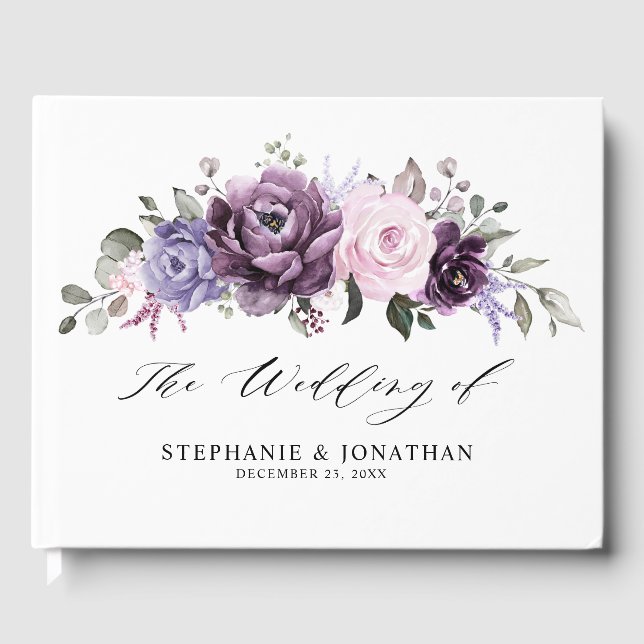 Shades of Dusty Purple Blooms Moody Floral Wedding Guest Book (Front)