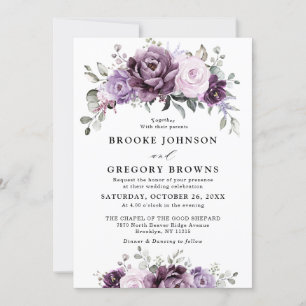 Shades of Dusty Purple Blooms Moody Floral Wedding Invitation
