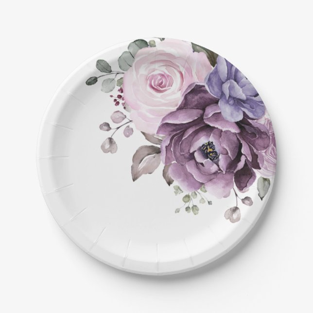 Shades of Dusty Purple Blooms Moody Floral Wedding Paper Plate (Front)