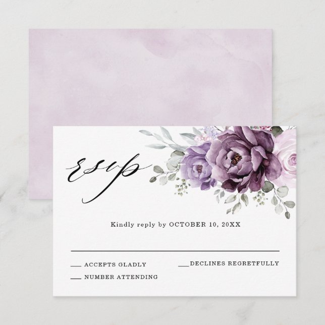 Shades of Dusty Purple Blooms Moody Floral Wedding RSVP Card (Front/Back)