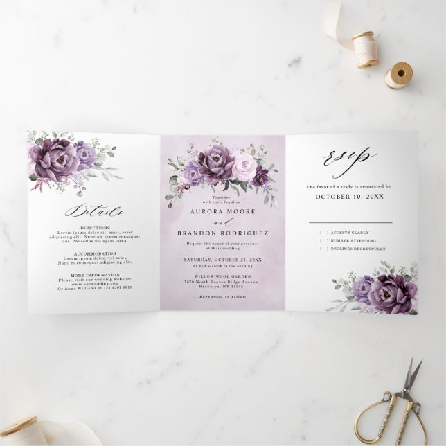 Shades of Dusty Purple Blooms Moody Floral Wedding Tri-Fold Announcement (Inside)