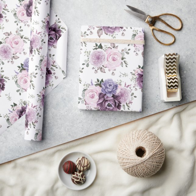 Shades of Dusty Purple Blooms Moody Floral Wedding Wrapping Paper (Crafts)