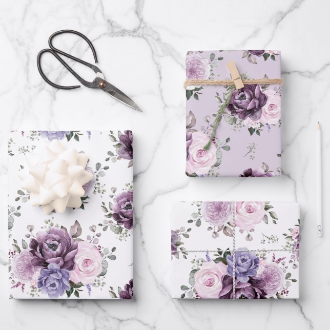 Shades of Dusty Purple Blooms Moody Floral Wedding Wrapping Paper Sheet (Front)