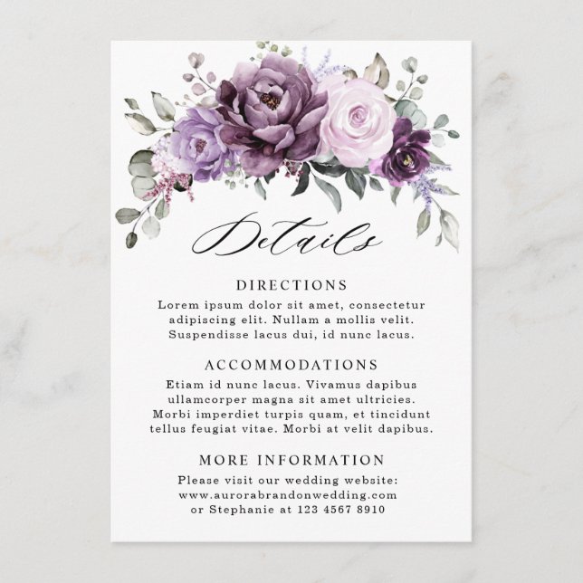Shades of Dusty Purple Blooms Wedding Details Enclosure Card (Front)