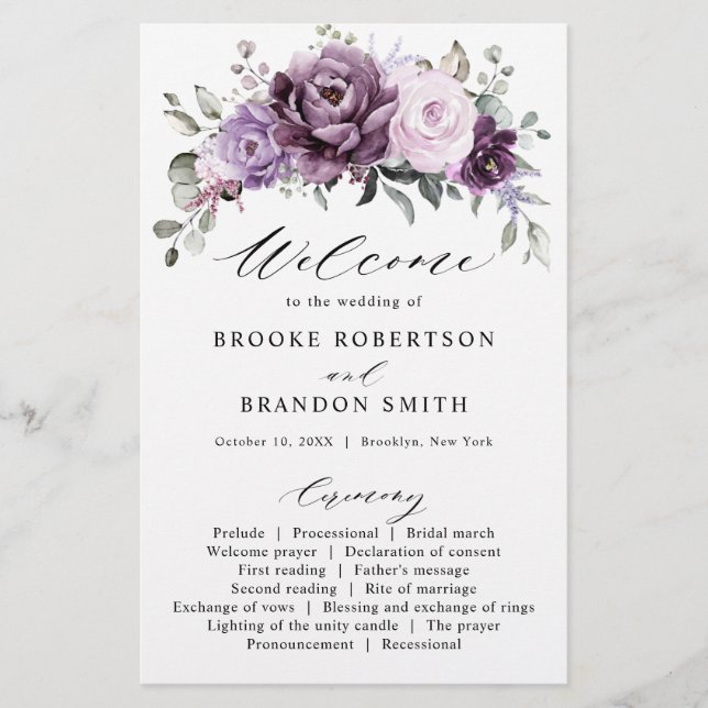 Shades of Dusty Purple Blooms Wedding Program (Front)