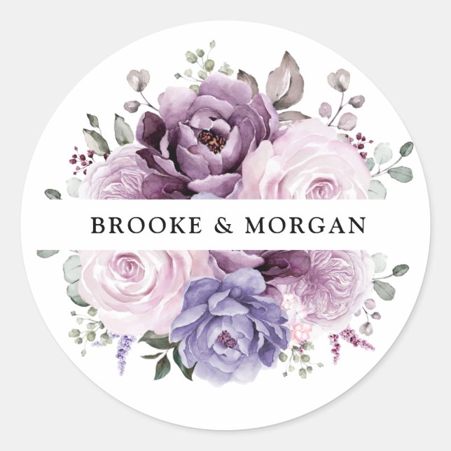 Shades of Dusty Purple Blooms  Wedding Thank you Classic Round Sticker (Front)