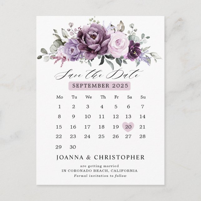 Shades of Dusty Purple Calendar Save the date Postcard (Front)