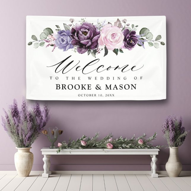 Shades of Dusty Purple Floral Wedding Welcome      Banner (Dusty purple plum lavender  wedding banner )