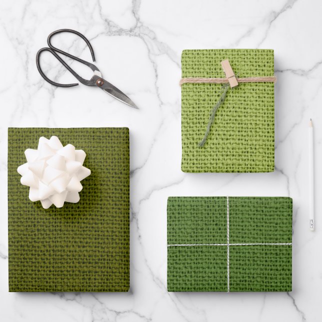 SHADES OF FALL GREEN BURLAP LOOK TEXTURE WRAPPING PAPER SHEET (Front)