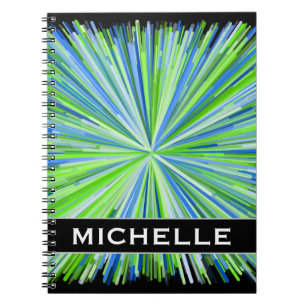 Shades of Green/Blue Line Burst Pattern + Name Notebook