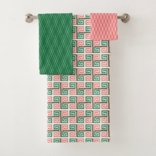 SHADES OF GREEN & CORAL PATTERNS & STRIPES BATH TOWEL SET