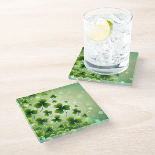 SHADES OF GREEN CUTE IRISH SHAMROCKS GLASS COASTER