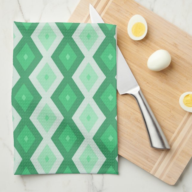 Shades of green diamond pattern tea towel (Quarter Fold)