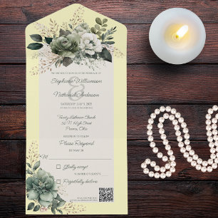 Shades of Green Floral on Yellow QR Code All In One Invitation