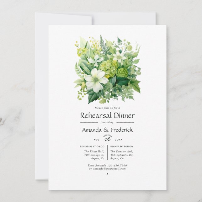 Shades of Green Floral Wedding Rehearsal Dinner Invitation (Front)