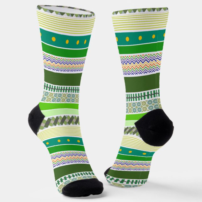 Shades of Green Fun, Colourful, Graphic Stripes Socks (Angled)