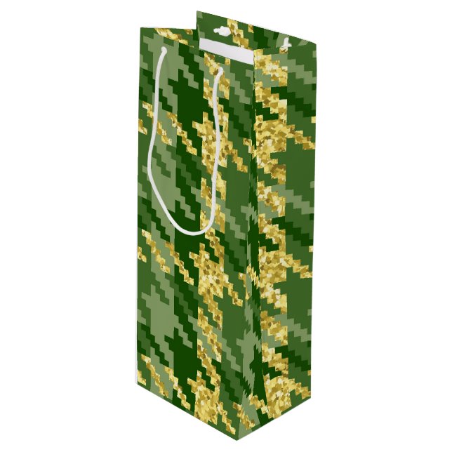 SHADES OF GREEN & GOLD IRISH HOUNDSTOOTH PATTERN WINE GIFT BAG (Front Angled)