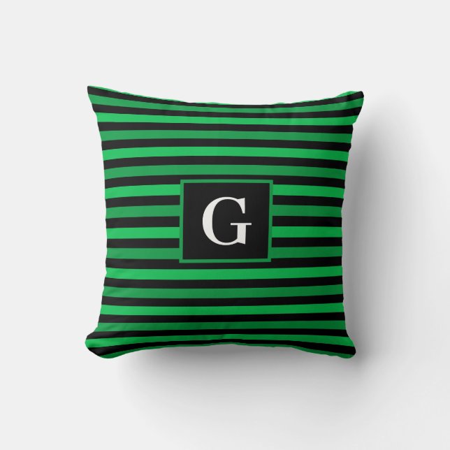 Shades of Green Striped Design Add Initial Black Cushion (Front)