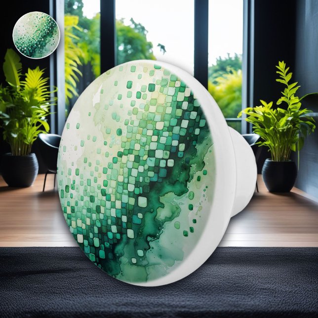 Shades of Green Watercolor Chequerboard Squares Ceramic Knob (Creator Uploaded)