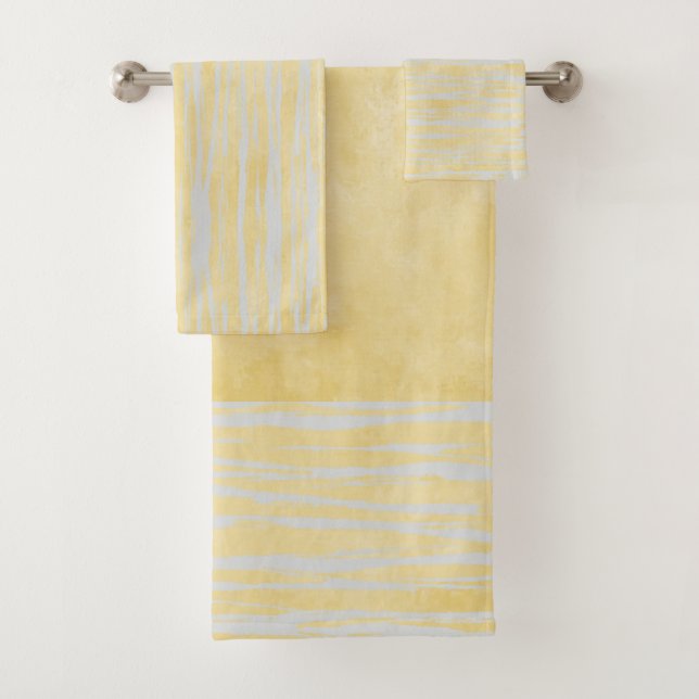 Shades of Grey and Yellow Striped Pattern Bath Towel Set (Insitu)