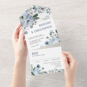 Shades of Grey Dusty Blue Winter Rustic Wedding Al All In One Invitation