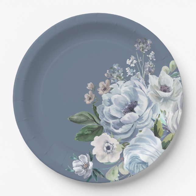 Shades of Grey Dusty Blue Winter Rustic Wedding Pa Paper Plate (Front)
