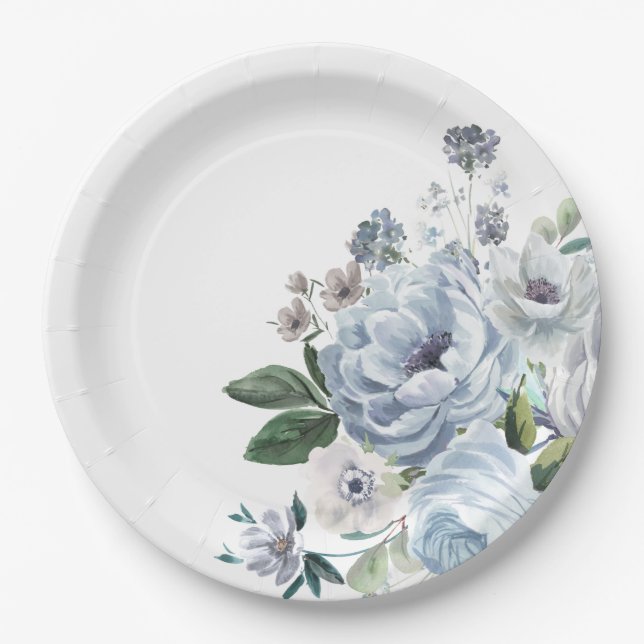 Shades of Grey Dusty Blue Winter Rustic Wedding Paper Plate (Front)
