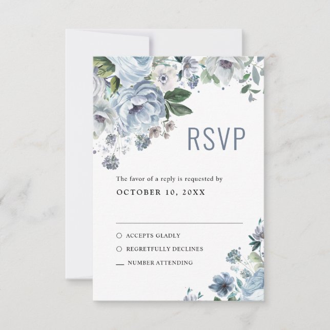 Shades of Grey Dusty Blue Winter Rustic Wedding RS RSVP Card (Front)
