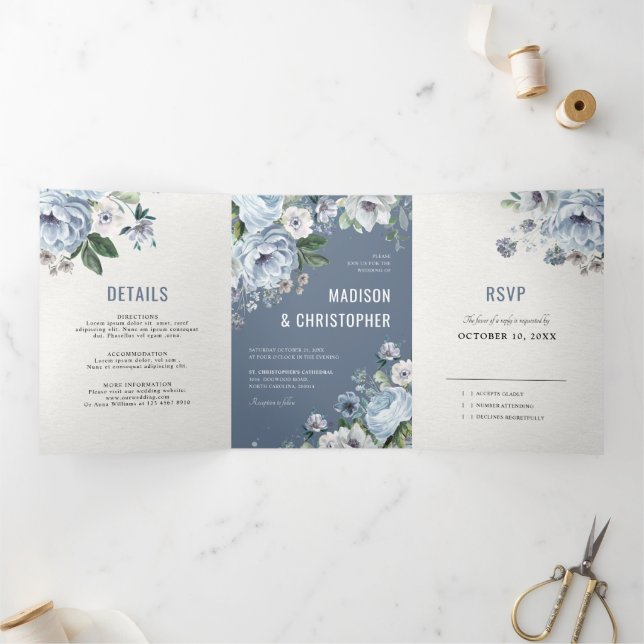 Shades of Grey Dusty Blue Winter Rustic Wedding Tr Tri-Fold Announcement (Inside)