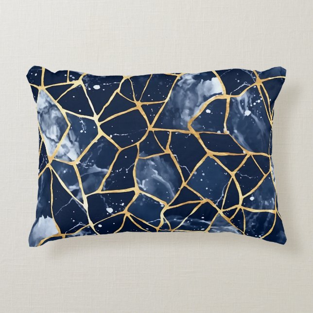 SHADES OF NAVY BLUE & GOLD MOSAIC CHIP PATTERNS DECORATIVE CUSHION (Front)