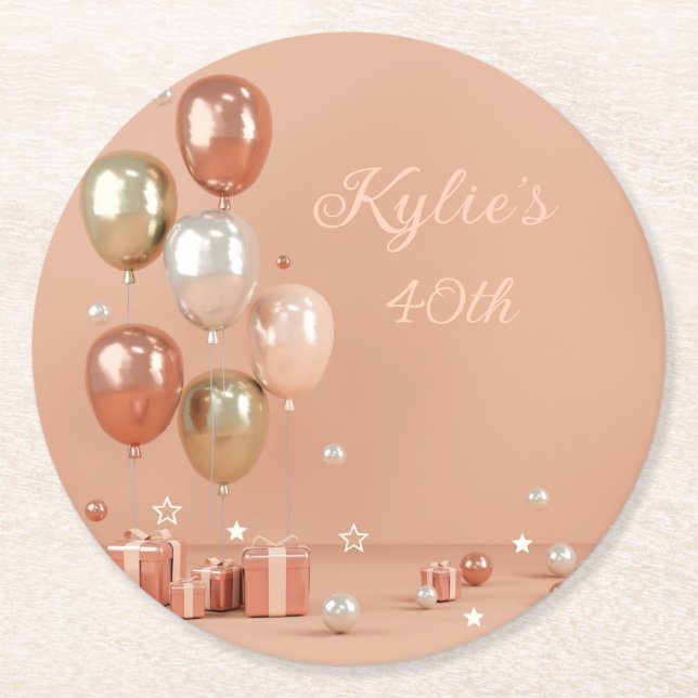 Shades of Pink Balloons 40th Round Paper Coaster (Front)