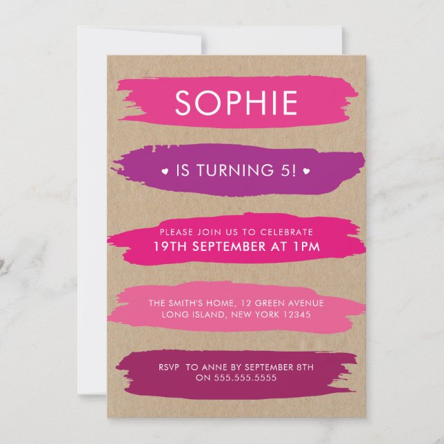 Shades Of Pink Brush Strokes Girls 5th Birthday Invitation (Front)