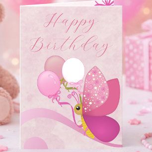 Shades Of Pink Butterfly With Balloons Birthday Card