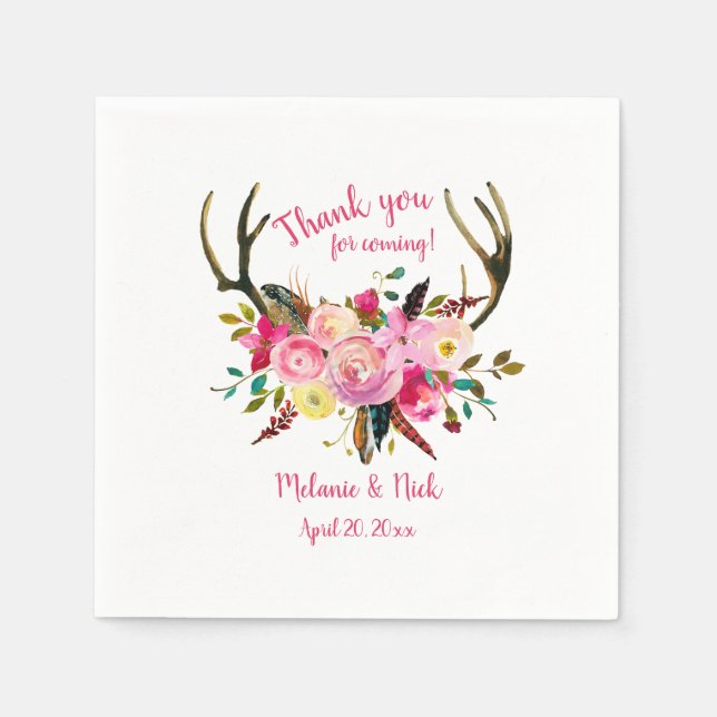 Shades of Pink Floral antlers bridal shower decor Napkin (Front)