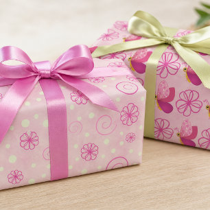Shades Of Pink Flowers And Butterflies Wrapping Paper Sheet